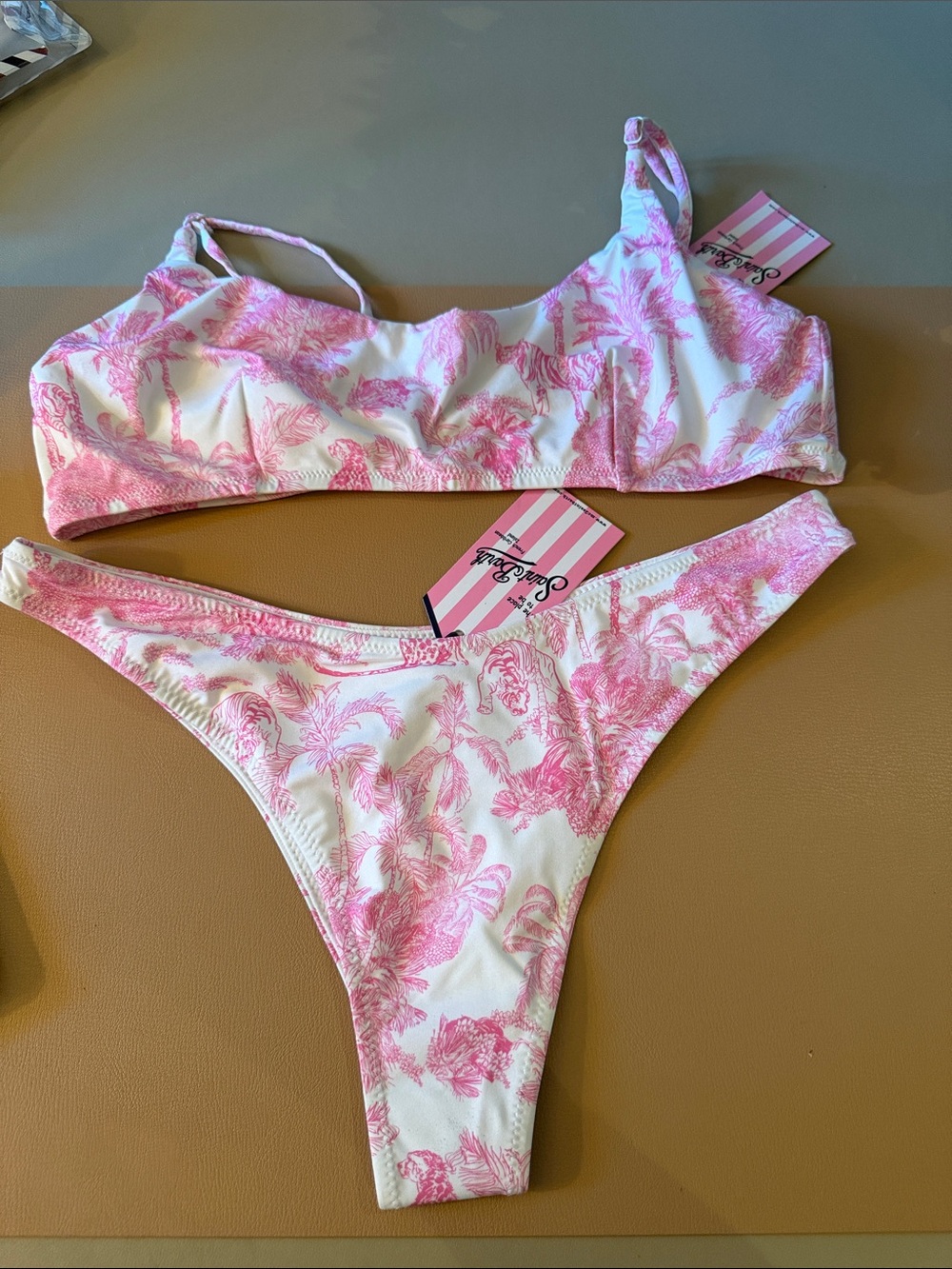St Barth MC2 Pink Palm-Print Bikini Set - Pink/White toile medium NWT